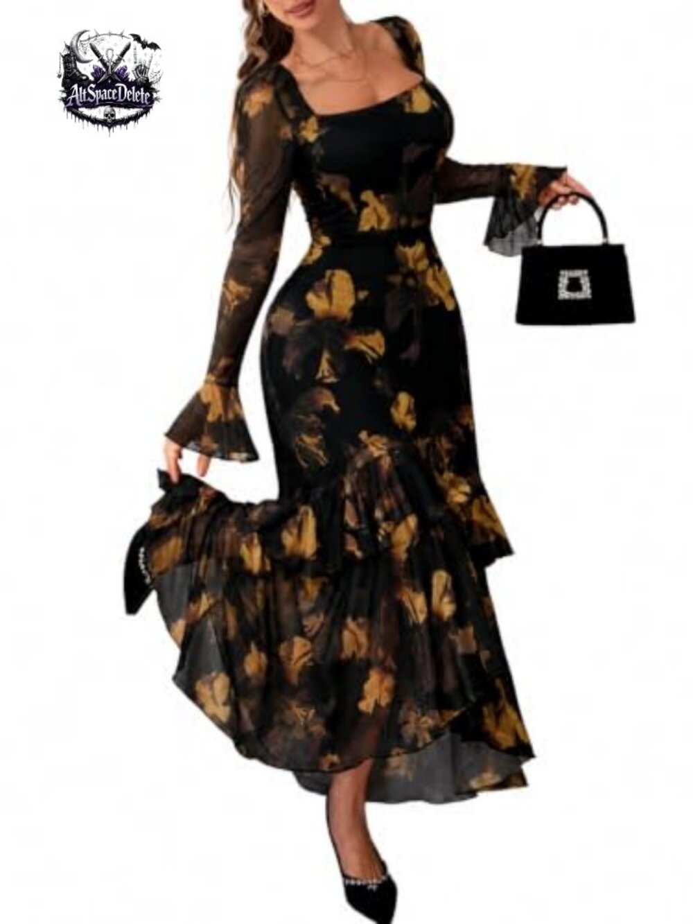 Women's Floral Mesh Square Neck Bell Sleeve High-Low Maxi Dress